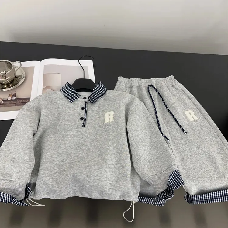 男童卫衣套装秋季新款韩版polo领衬衫卫衣长裤假两件帅气两件套潮