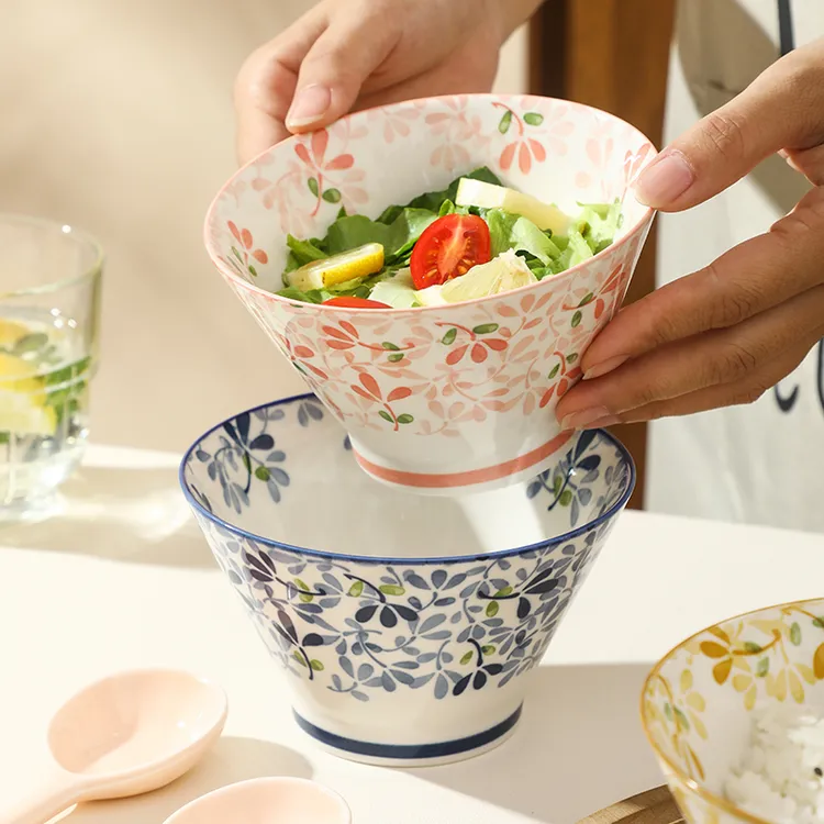 釉下彩四季繁花日式陶瓷米饭碗5英寸斗笠碗2025新款家用高脚防烫