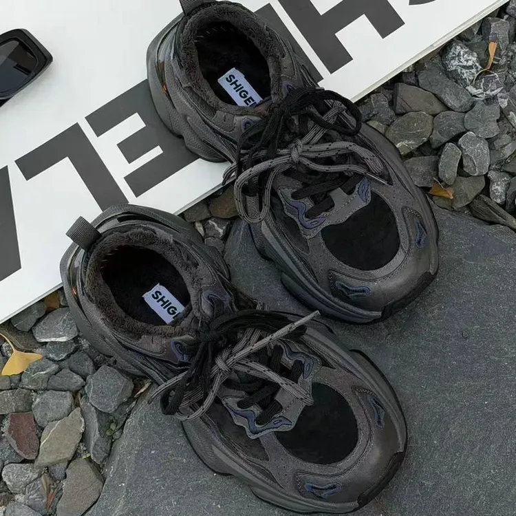 诗歌兰女2025新款厚底加绒老爹鞋轻便休闲鞋时尚拼色运动鞋6955-3