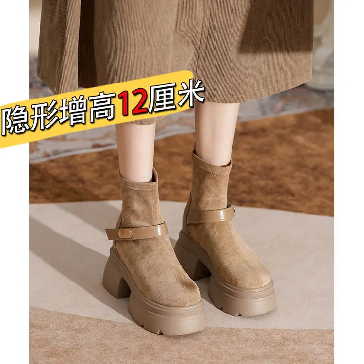 12CM小个子内增高2025新款厚底时尚短靴瘦瘦英伦风明星同款鞋女款