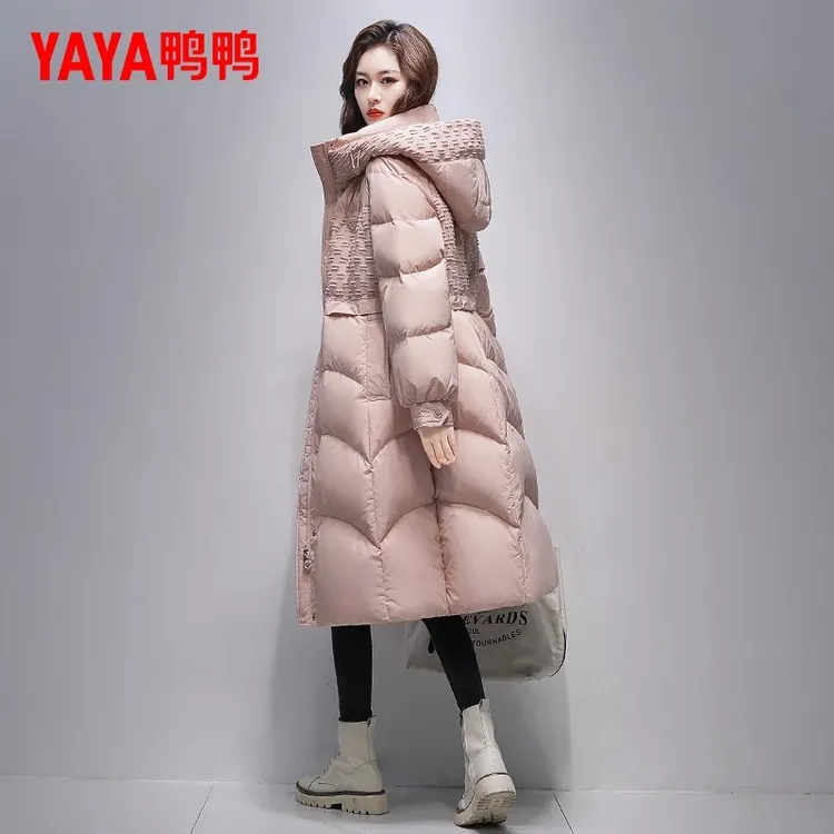 鸭鸭羽绒服女长款过膝2025冬季新款时尚拼接面包服修身加厚外套潮