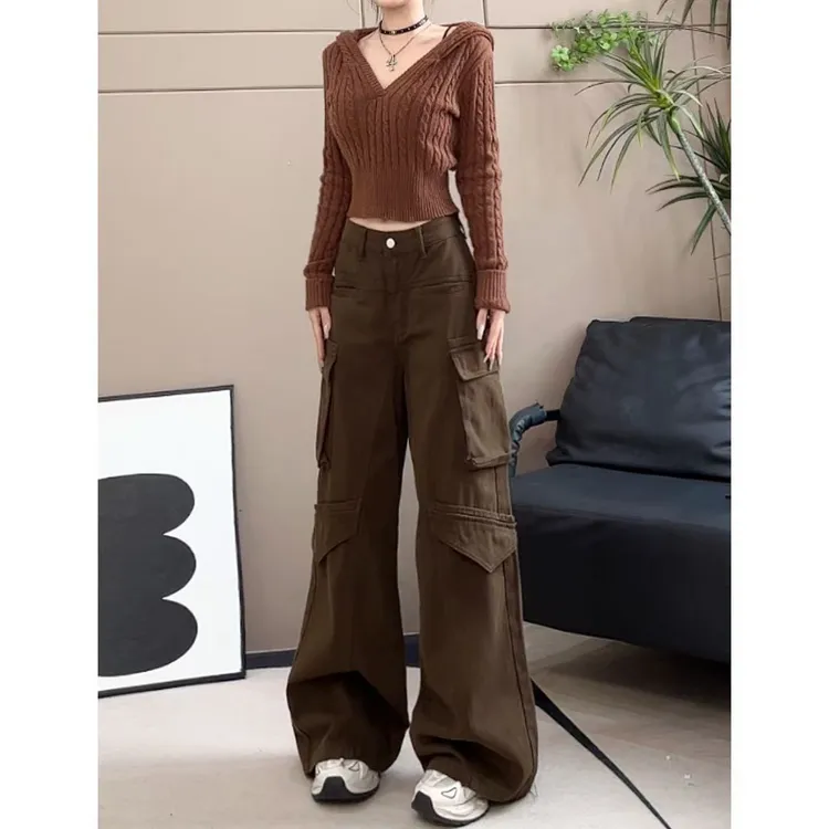 美式复古工装裤女秋季新款宽松高腰休闲显瘦阔腿长裤-K3316