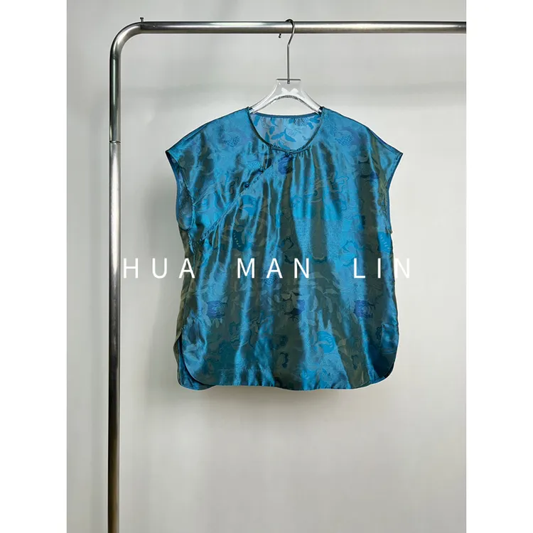 【花满林】圆领斜门襟盖袖流光绸真丝桑蚕丝上衣251329