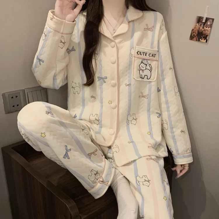 韩系卡通秋冬保暖夹层可爱睡衣女加厚长袖空气棉可外穿家居服套装