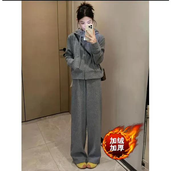 慵懒风秋冬加绒套装女连帽卫衣外套休闲阔腿长裤加厚两件套L5963