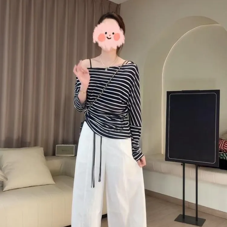 新款韩版设计感时尚斜肩条纹防晒上衣