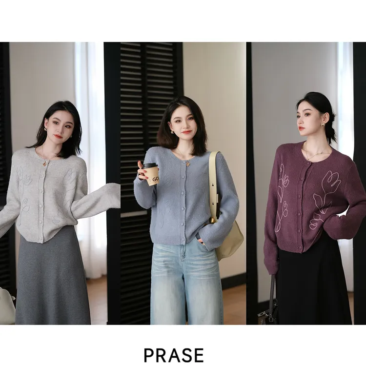 PRASE·噜【花朵线条】微胖轻奢设计款秋女羊毛刺绣毛织开衫PR508E37