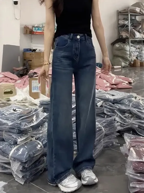 2025年秋季新款弹力直筒牛仔裤女梨形胖mm百搭显瘦修身窄版阔腿裤