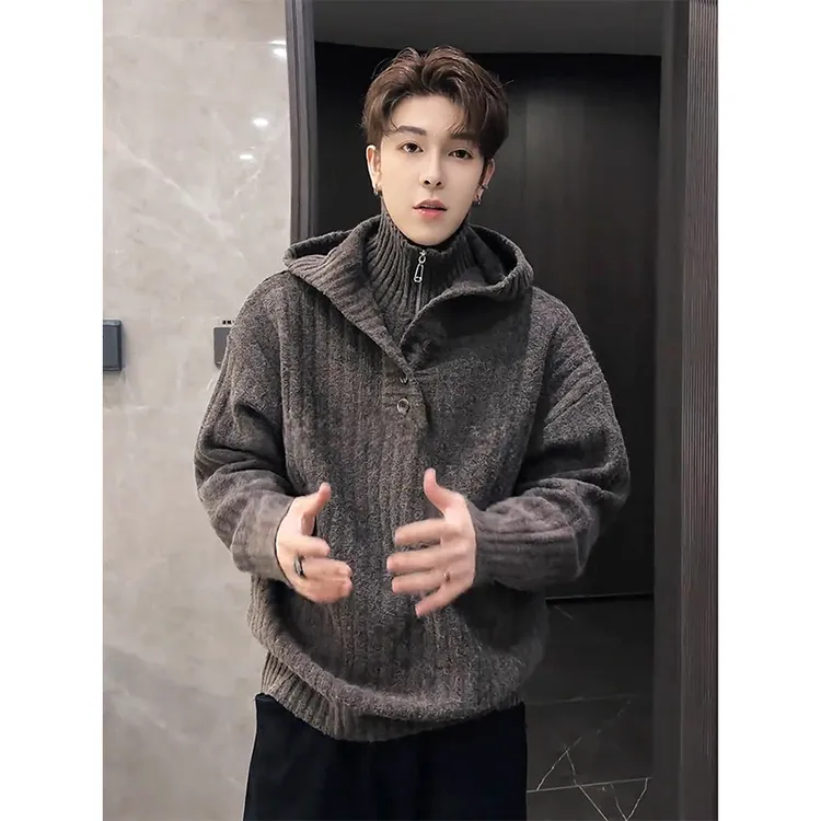 美式灰色假两件高领连帽毛衣男款冬季韩系慵懒风高级感针织衫外套