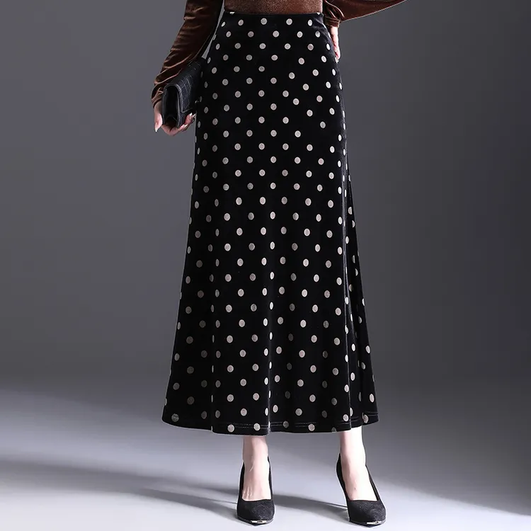 金丝绒鱼尾包臀裙中长款高腰波点半身裙2025秋季新款百搭a字裙子