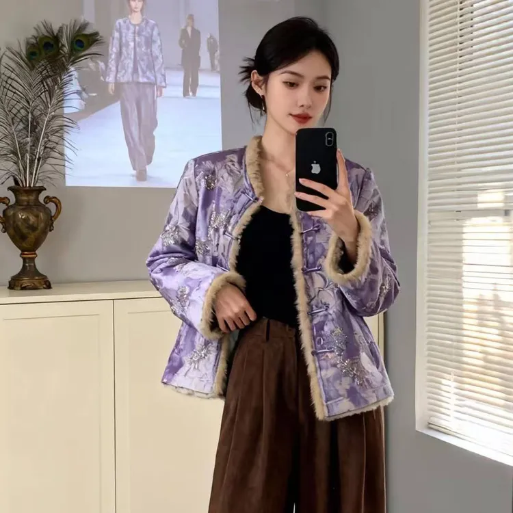 新中式外套女紫色刺绣盘扣水貂毛领双穿百搭精致时尚外套808