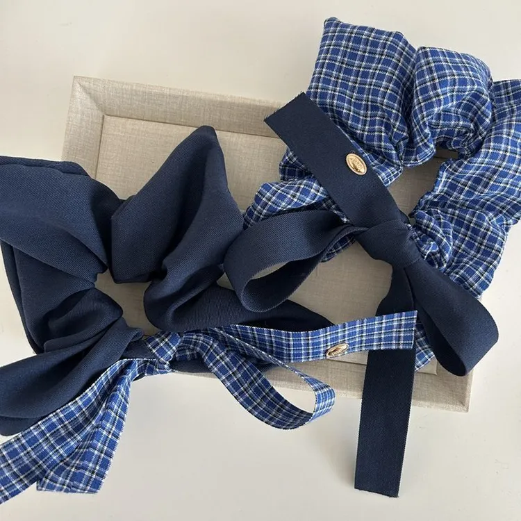 韩系蓝色格纹蝴蝶结大肠发圈气质布艺织带蝴蝶结金标方形头绳发饰