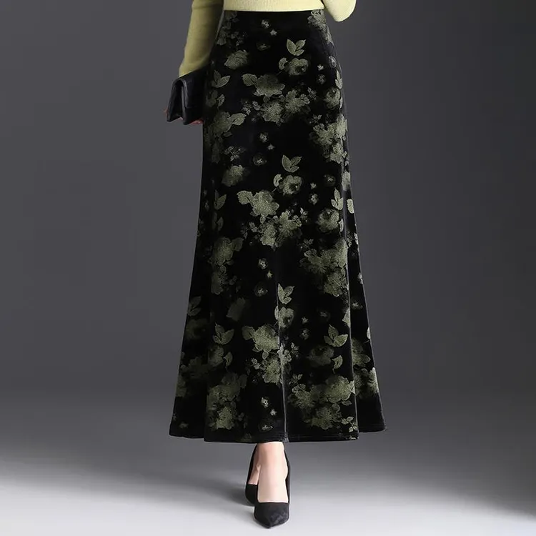 印花金丝绒长裙鱼尾裙女秋冬2025新款高腰气质垂感显瘦包臀半身裙