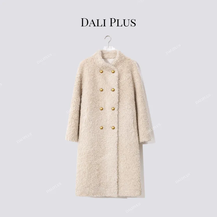 DALI PLUS“长款米杏色颗粒毛”100绵羊毛外套大衣-D5ST1472
