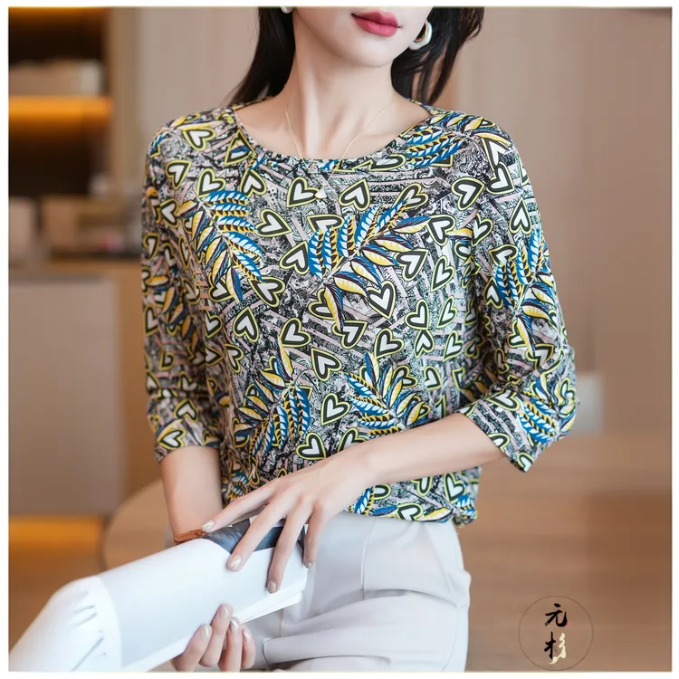 杭州真丝t恤女夏季新款高级感桑蚕丝上衣宽松显瘦七分袖印花T恤