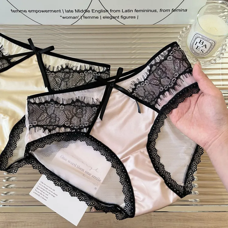 魅惑之夜*法式性感女士内裤缎面蝴蝶结蕾丝边透气舒适中腰三角裤