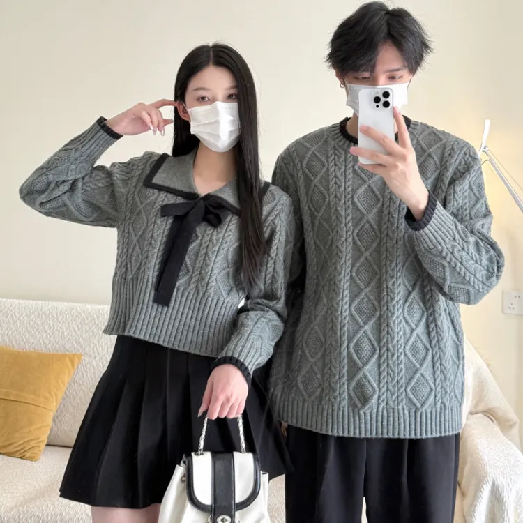 情侣装灰色蝴蝶结毛衣女秋冬2025新款学院风加厚翻领针织衫短上衣