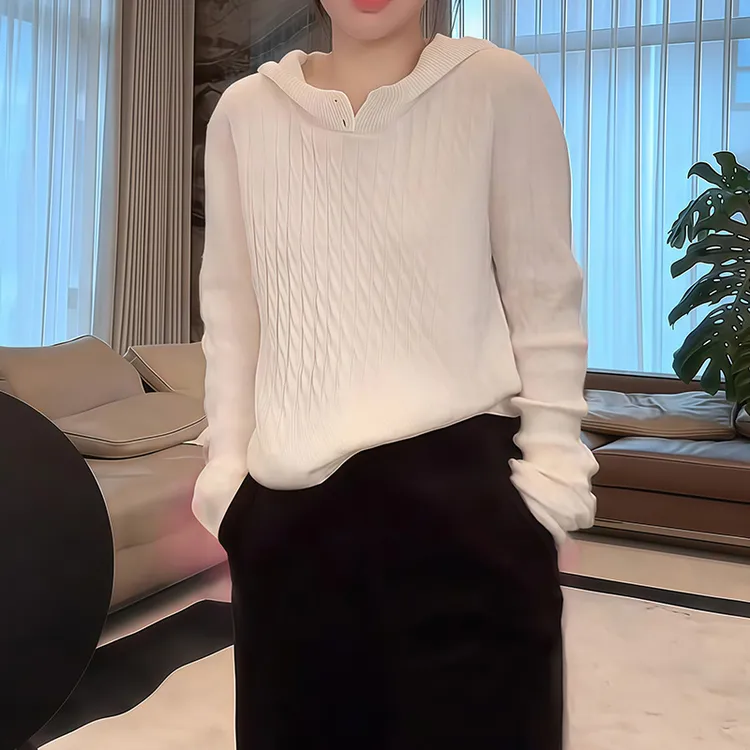 减龄时髦高领时尚白色连帽针织衫2025秋冬设计感别致长袖百搭上衣