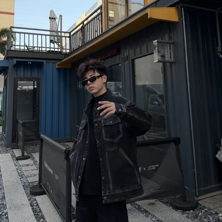 【YUZE】秋冬水洗嵌线牛仔棉服外套多口袋直下摆黑色百搭上衣2703