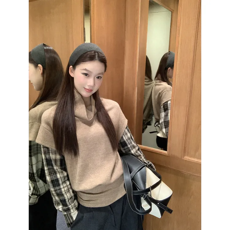 【柔系美式】冬季复古格子拼接慵懒立领休闲百搭时尚T恤254H4645