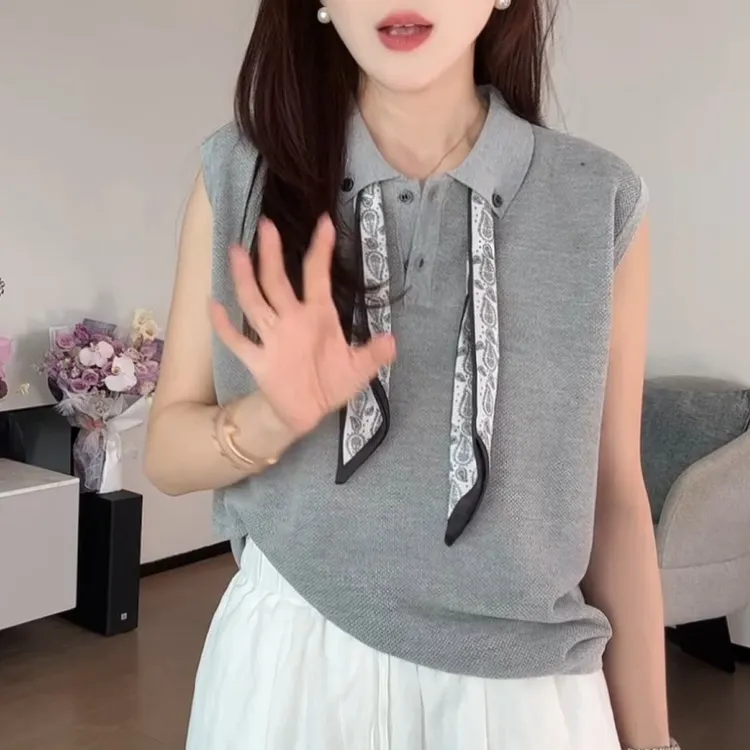 【领结丝巾背心】翻领针织无袖背心+A字双层木耳边半身裙LK2503533