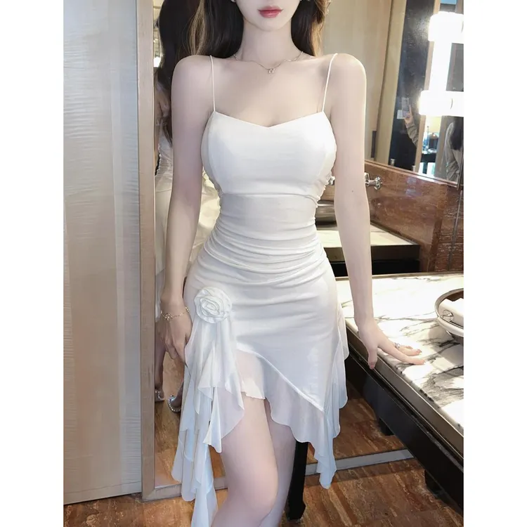 夜场技师工作服低胸性感网纱开叉不规则露背吊带连衣裙夜总店女装