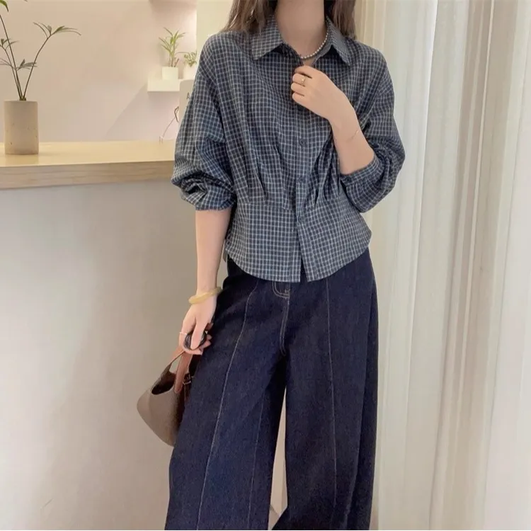 POLO领格子长袖衬衫女秋季大码胖mm收腰显瘦遮肚子小衫上衣打底衫