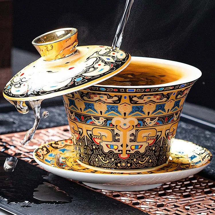 苏泊尓网红360度可旋转悬停三才盖碗珐琅彩大师手作茶具泡茶器茶