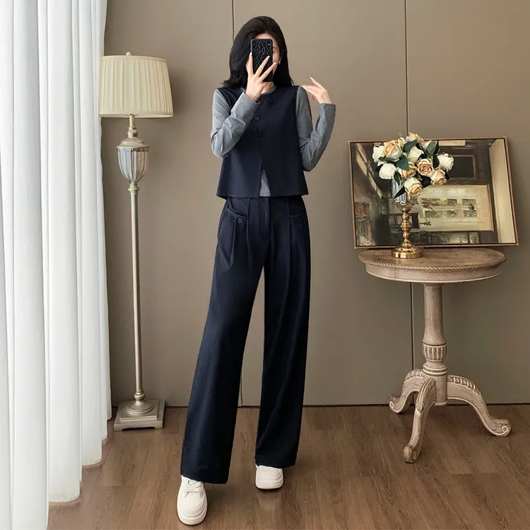 老钱风质感套装女2025秋季新款时尚休闲马甲打底衫搭阔腿裤三件套