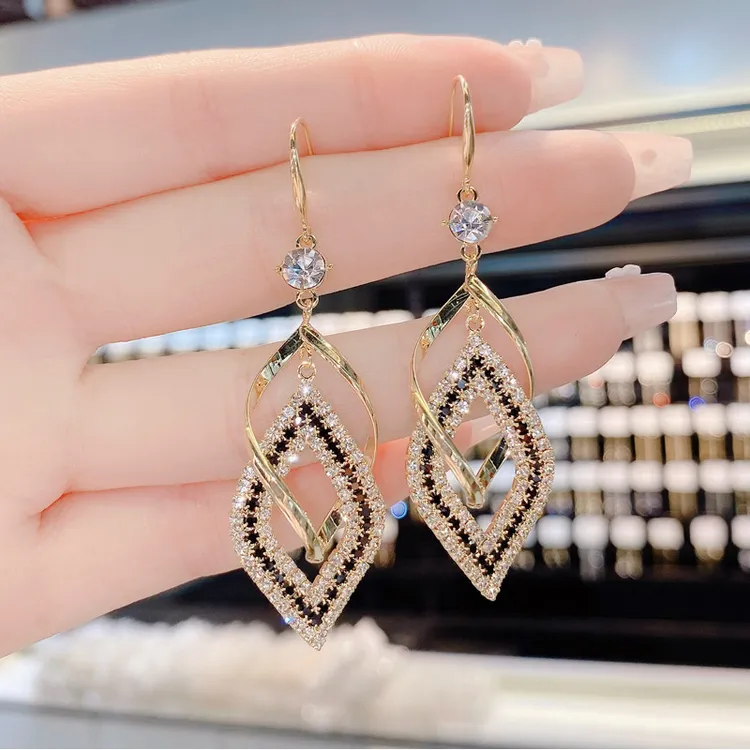 黄铜锆石耳饰 韩国东大门时尚轻奢高级感菱形耳钩个性夸张耳环女