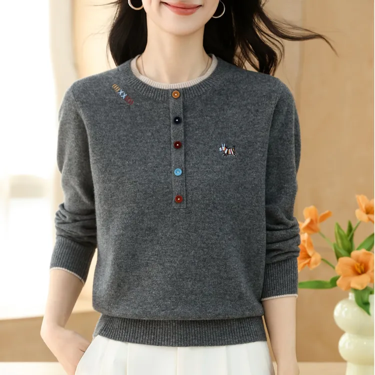 100%纯羊毛毛衣女时尚圆领套头针织打底衫时髦减龄中年妈妈装内搭