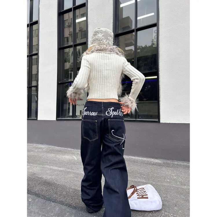 原牛深蓝色刺绣牛仔裤女低腰弯刀裤阔腿工装风显瘦垂坠感休闲长裤