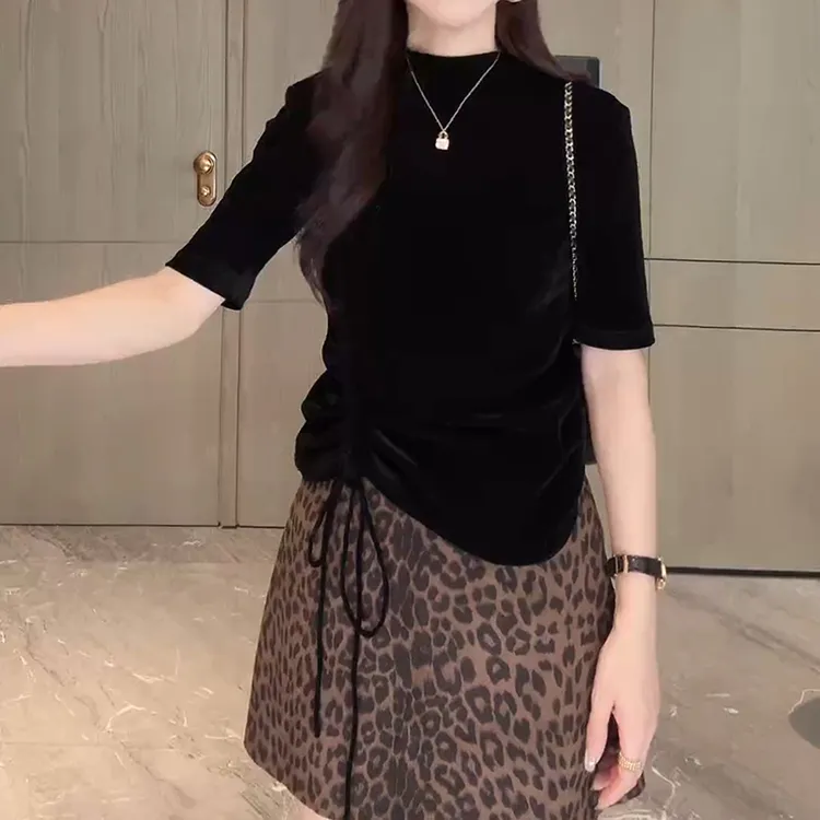 2025早秋短袖丝绒上衣显瘦百搭设计感不规则抽绳T恤LK2505979