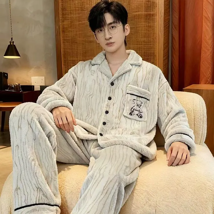 男士睡衣秋冬季2025新款珊瑚绒加绒加厚法兰绒大码大学男生家居服
