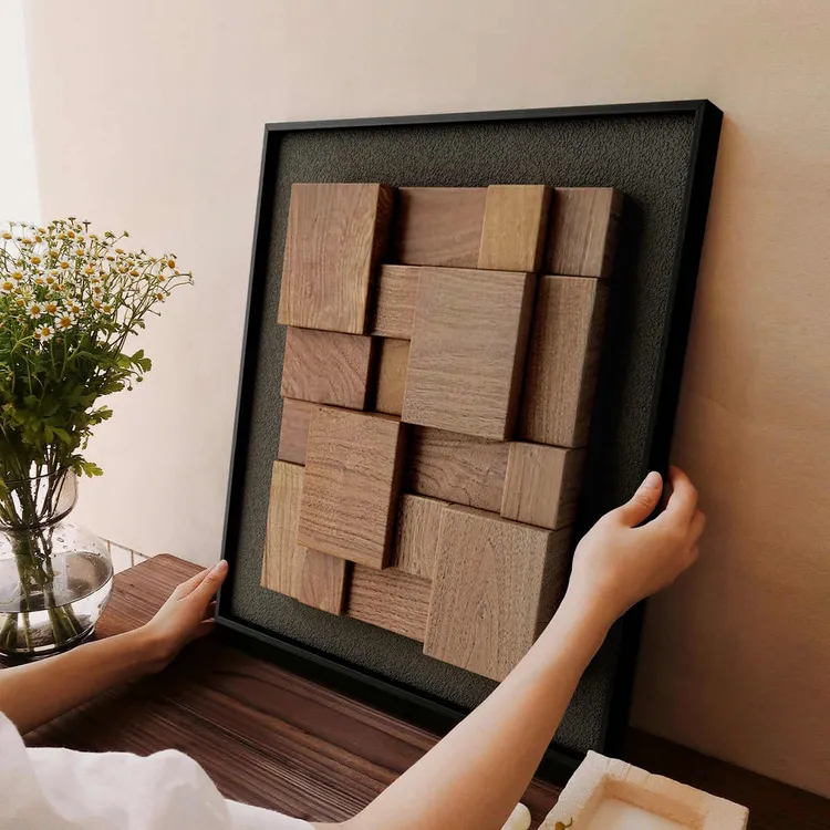 立体胡桃木实木意式极简装饰画砂岩新款法式客厅玄关高级感挂画