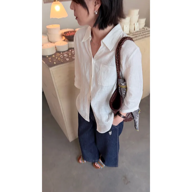 苏安家|“白月光”高支数环保酵洗夏日中袖亚麻v领老钱白衬衫
