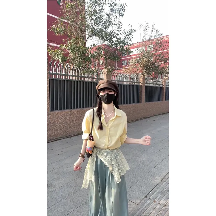早春高级感一整套装韩系通勤薄款奶黄色长袖衬衫女高腰牛仔裤套装
