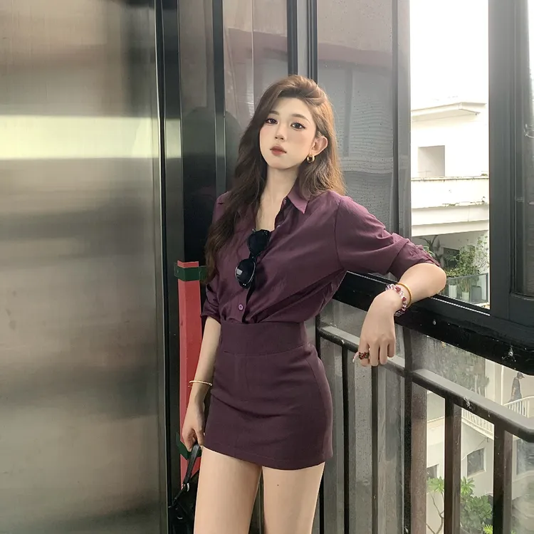 【D9】简约通勤韩系风修身收腰显瘦气质辣妹韩版高腰短裙时尚套装