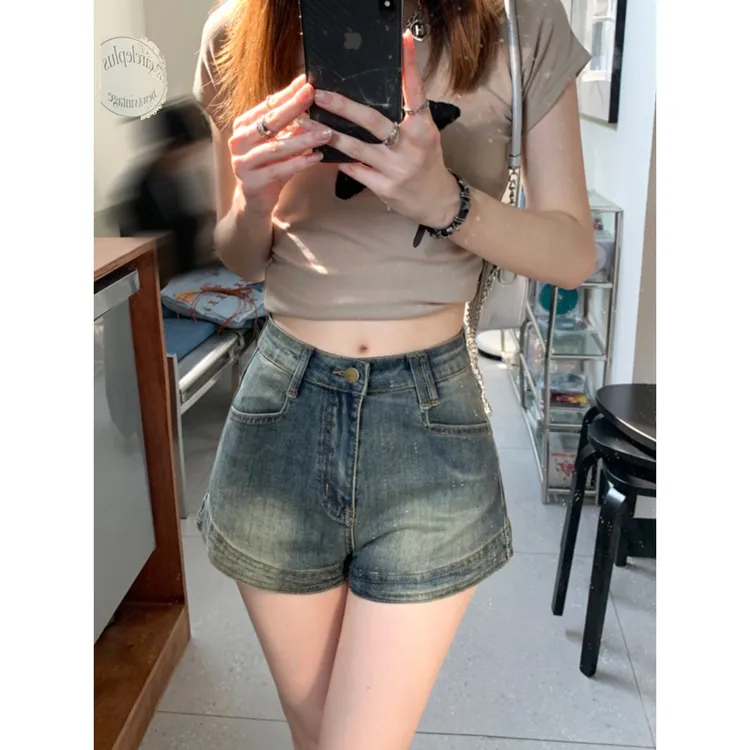 复古美式辣妹牛仔裤年新款女春夏胖修身显瘦字短裤子