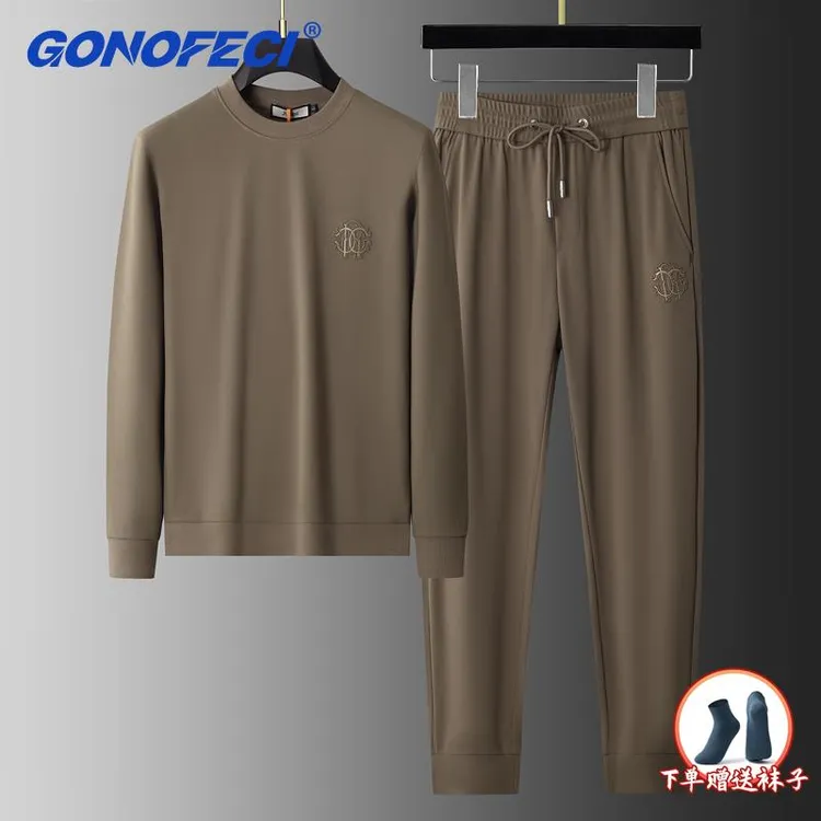 秋季新品柔软舒适长袖圆领厚棉T两件套男士时尚抗皱运动休闲套装