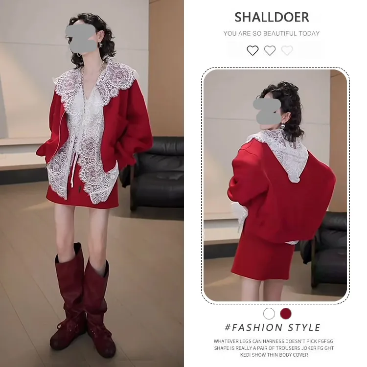 今年流行高智风套装女春秋新款卫衣外套蕾丝内搭衬衫半身裙三件套
