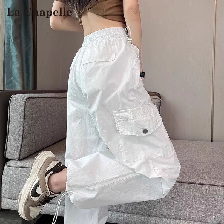 拉夏贝尔白色速干工装裤女2025夏季薄款小个子高腰束脚登山运动裤