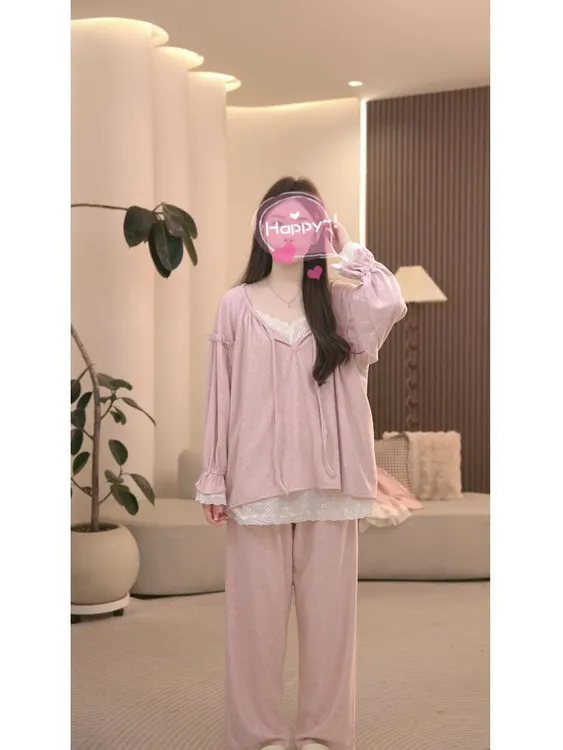法式甜美少女心睡衣女秋蕾丝边假两件长袖长裤宽松休闲舒适家居服
