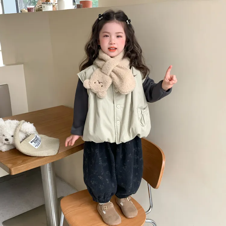 女童加绒套装洋气秋冬款森系女宝宝夹棉马甲三件套小女孩时髦儿童