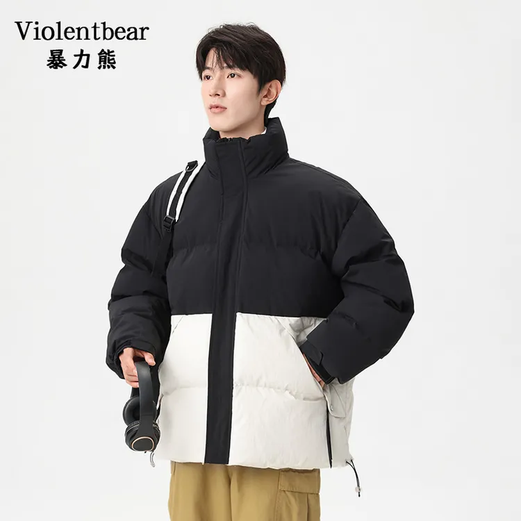 暴力熊撞色拼接立领新款棉衣男冬季加厚保暖棉服百搭休闲宽松防寒
