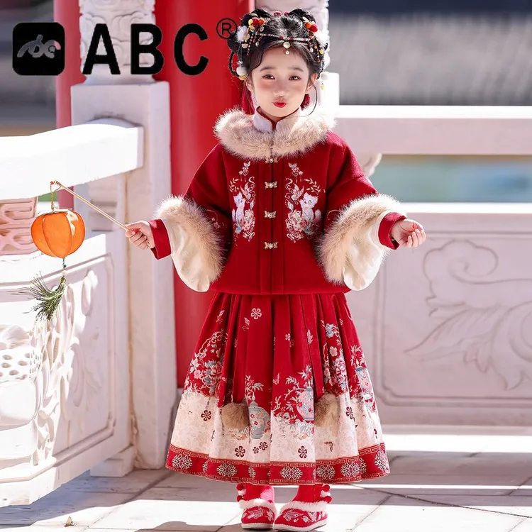 ABC汉服女童加绒拜服套装冬款儿童国风服裙子女宝宝元旦演出衣服