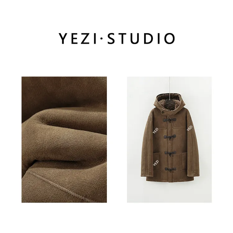 【布拉格城堡】黄金.绒面羊皮毛一体戴帽牛角扣皮草外套25430041