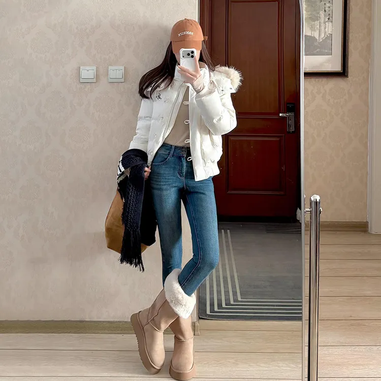 裤长97cm 高腰双扣修身弹力显瘦设计感加绒小脚牛仔裤女ins铅笔裤