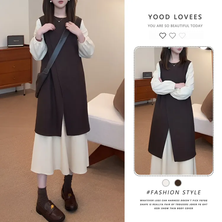 法式小个子穿搭设计感假两件长袖连衣裙女秋冬新款宽松休闲A字裙