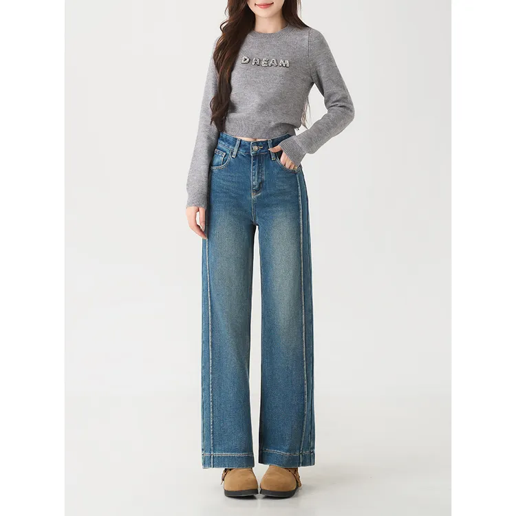 【小鱼专属】小王家小个子牛仔裤女25年冬季新款中高腰复古水洗阔腿裤68055